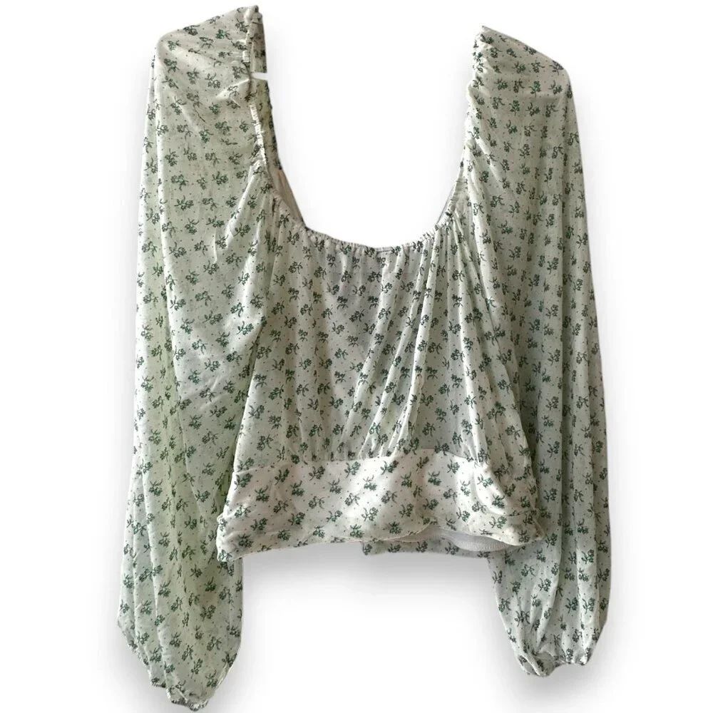 Free People Cream Combo Sweetie Pie Floral Sheer Mesh Wrap Top Large EUC
